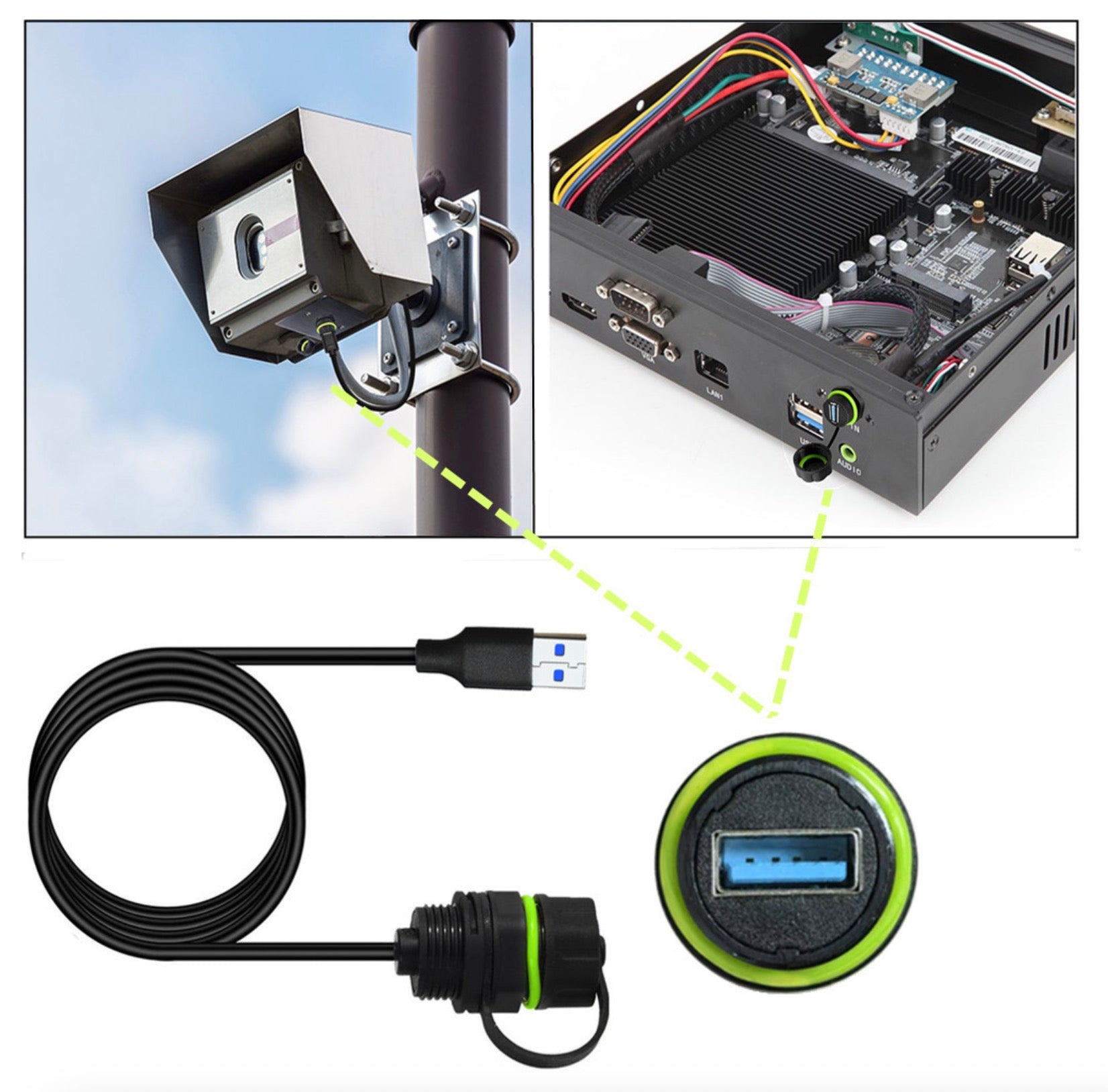 USB 3.0 waterproof cable Type A male to female outdoor panel mount pass through connector