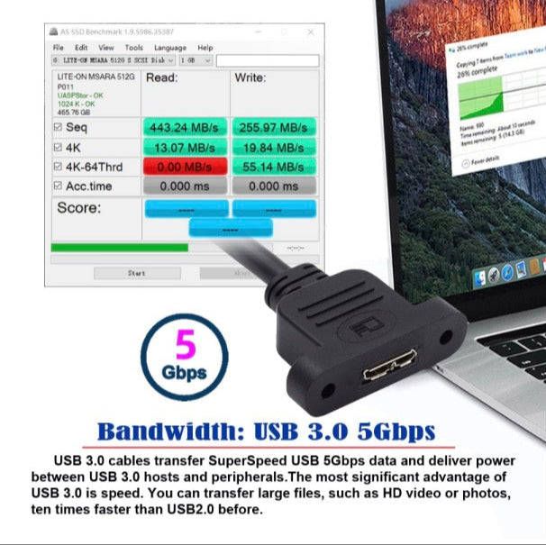 USB 3.0 cable with laptop and computer screen displaying speed test results.