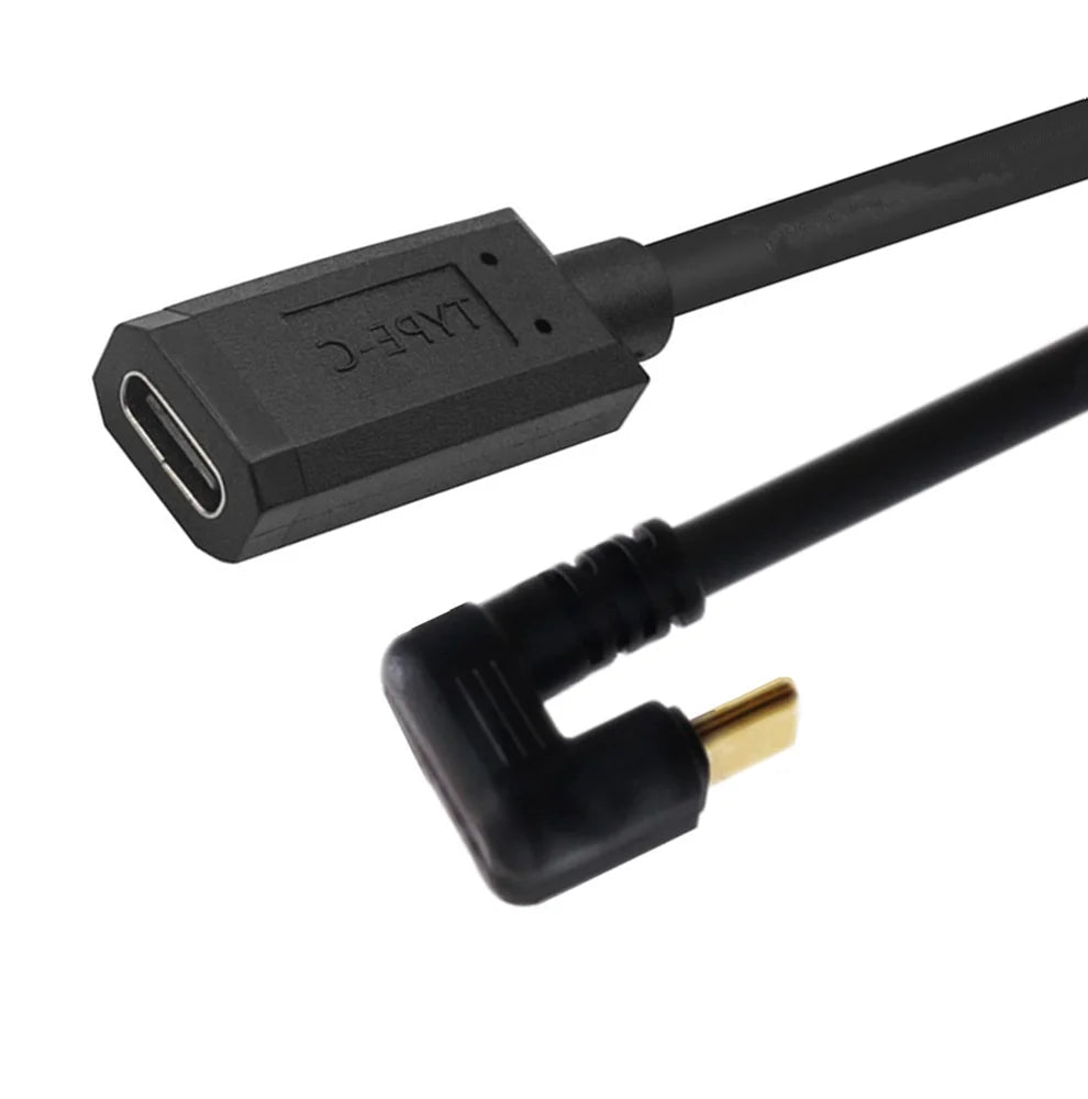 Black adapter cable with USB-C female and right-angle male connectors on a white background