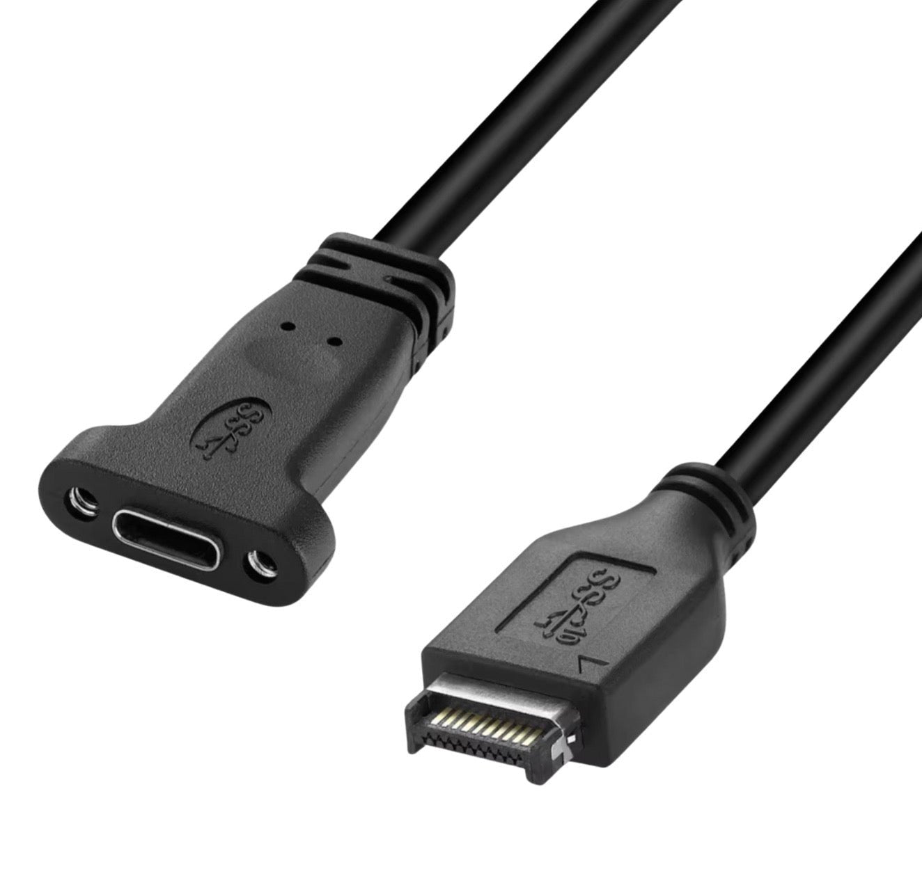 A black USB 3.1 Type E Male to USB Type C Female cable with bracket panel.