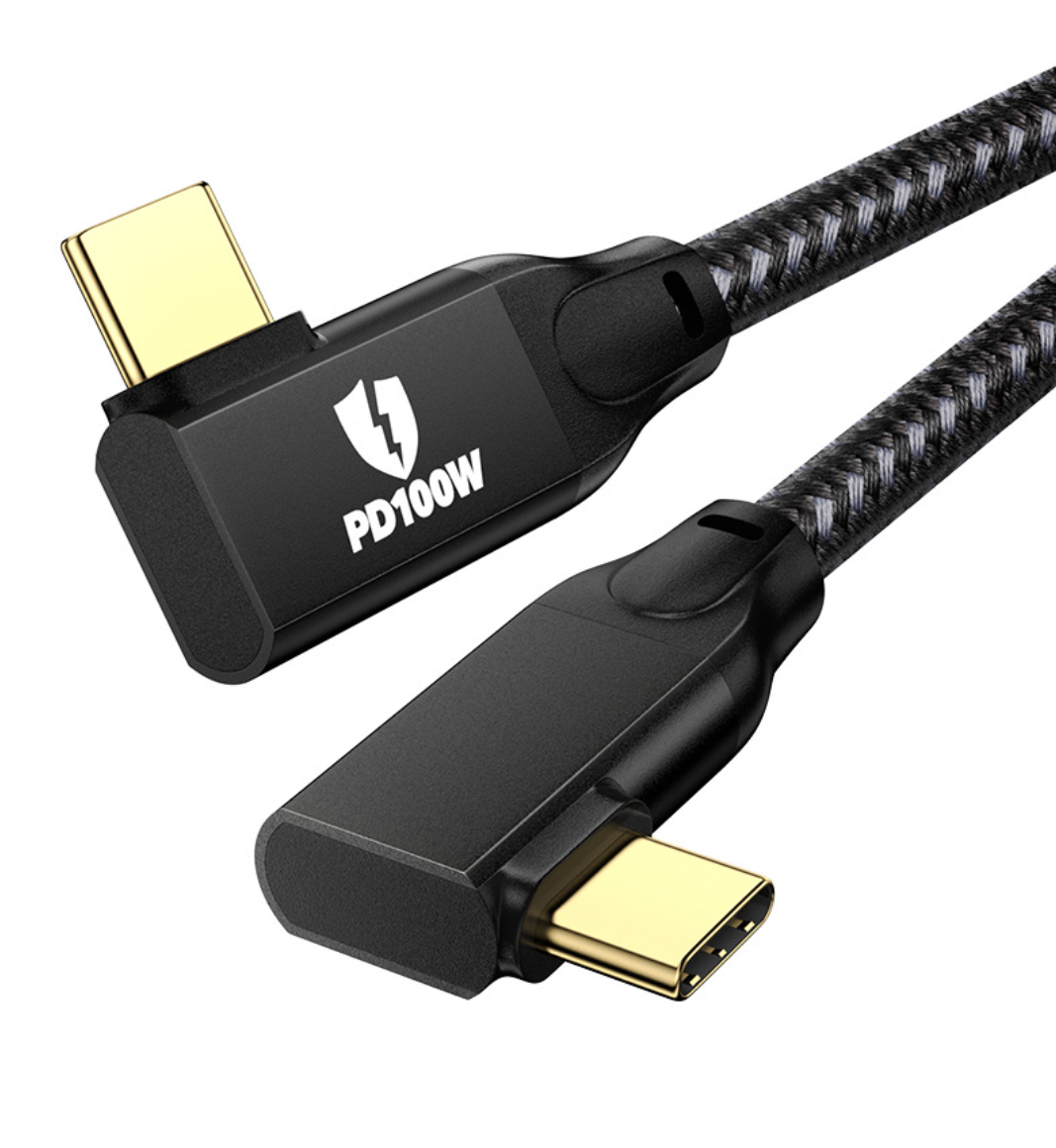 Black USB-C cable with gold connectors on a white background