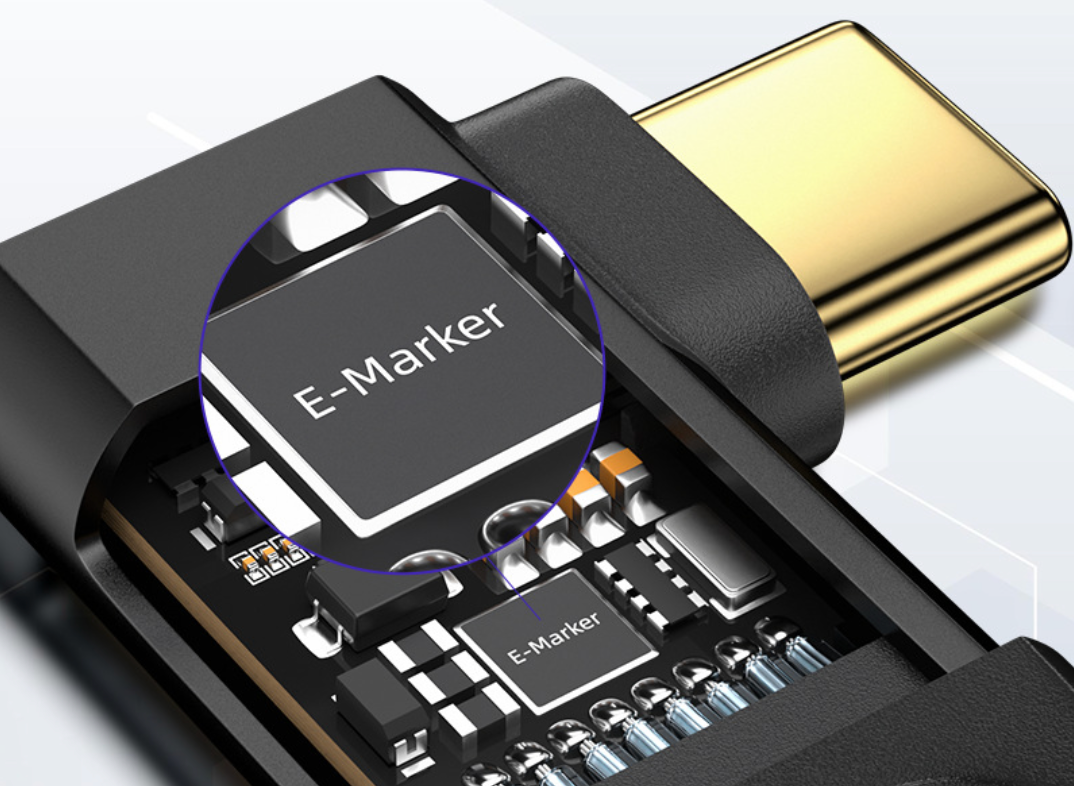 Close-up of electronic components with 'E-Marker' label on a white background