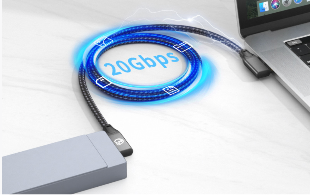 USB cable with a blue glow, labeled '20Gbps', connected to a laptop on a white background.