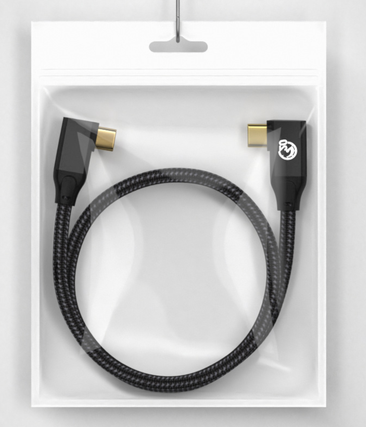 Black braided cable with gold connectors in a clear packaging bag on a white background