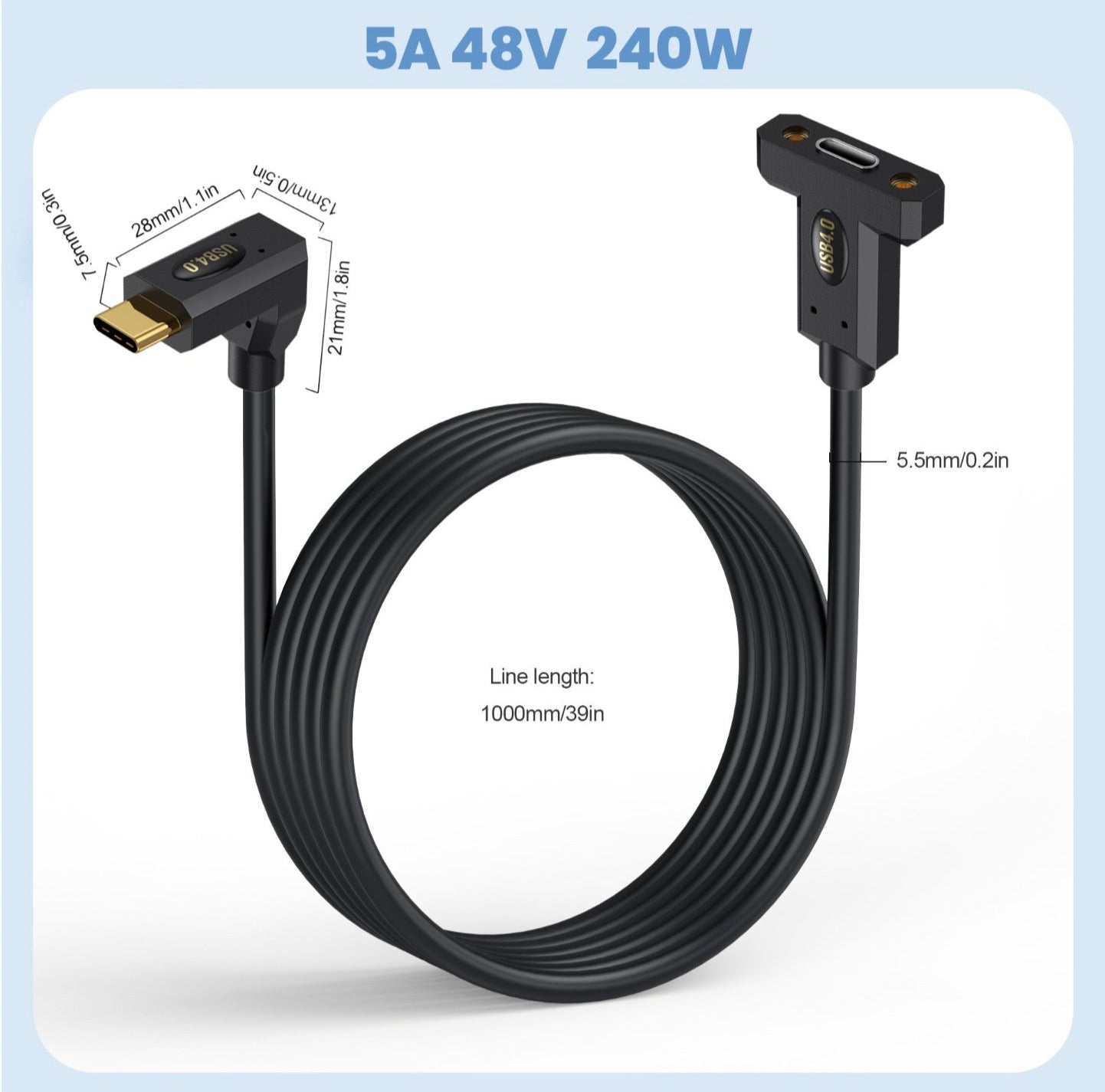 USB-C panel mount cable supporting 40Gbps data and 240W power delivery