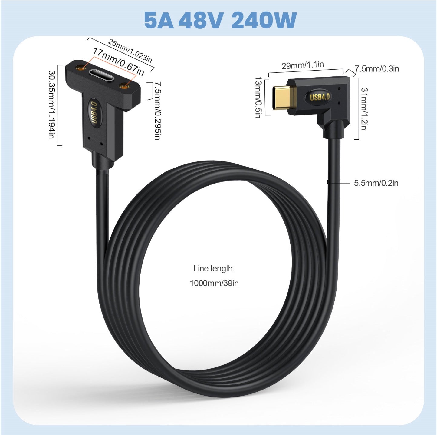 Panel mount USB-C cable supporting 40Gbps data, 240W PD and 8K video output