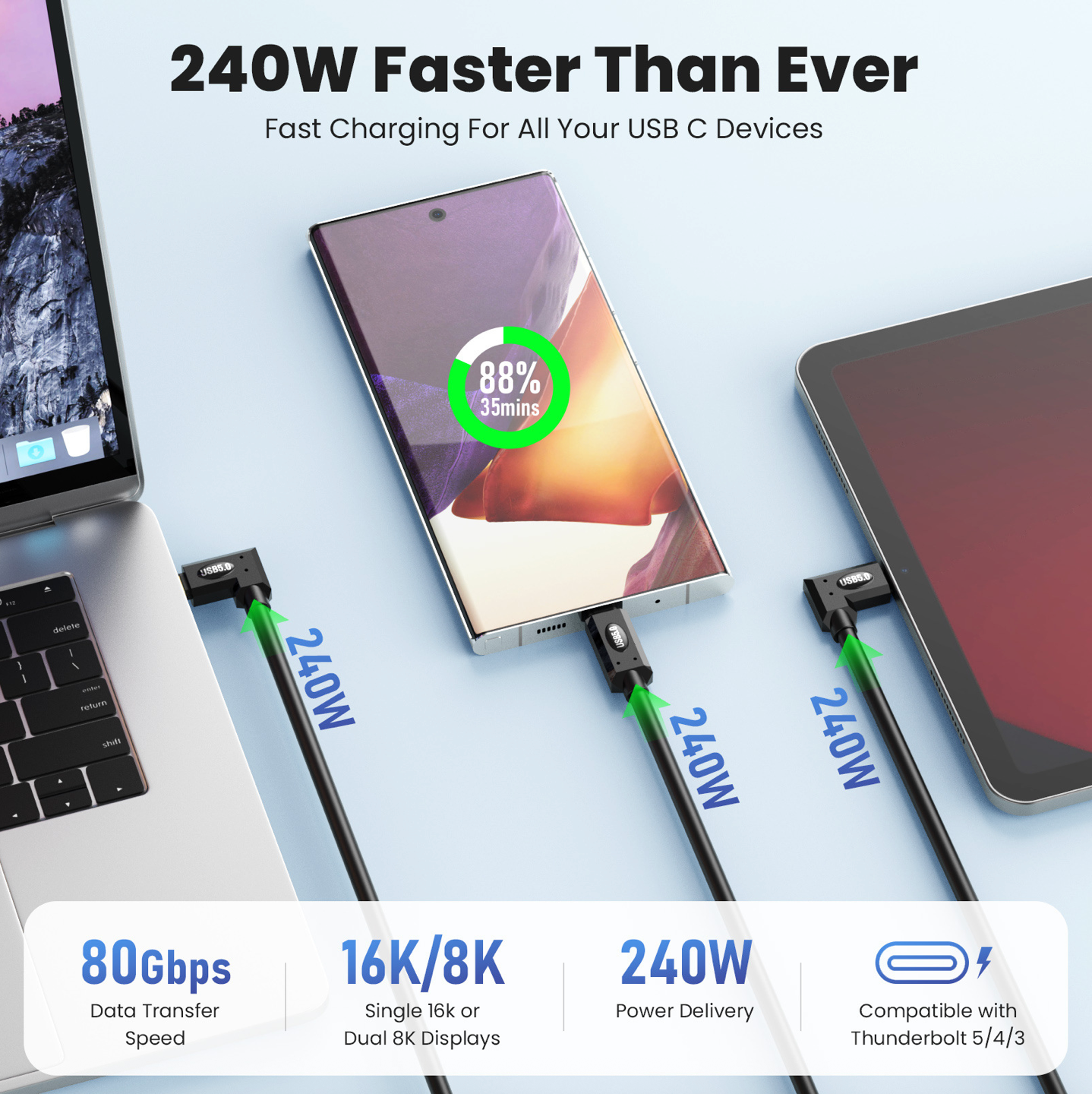 Fast charging cable with devices on a light blue background, highlighting 240W power delivery.