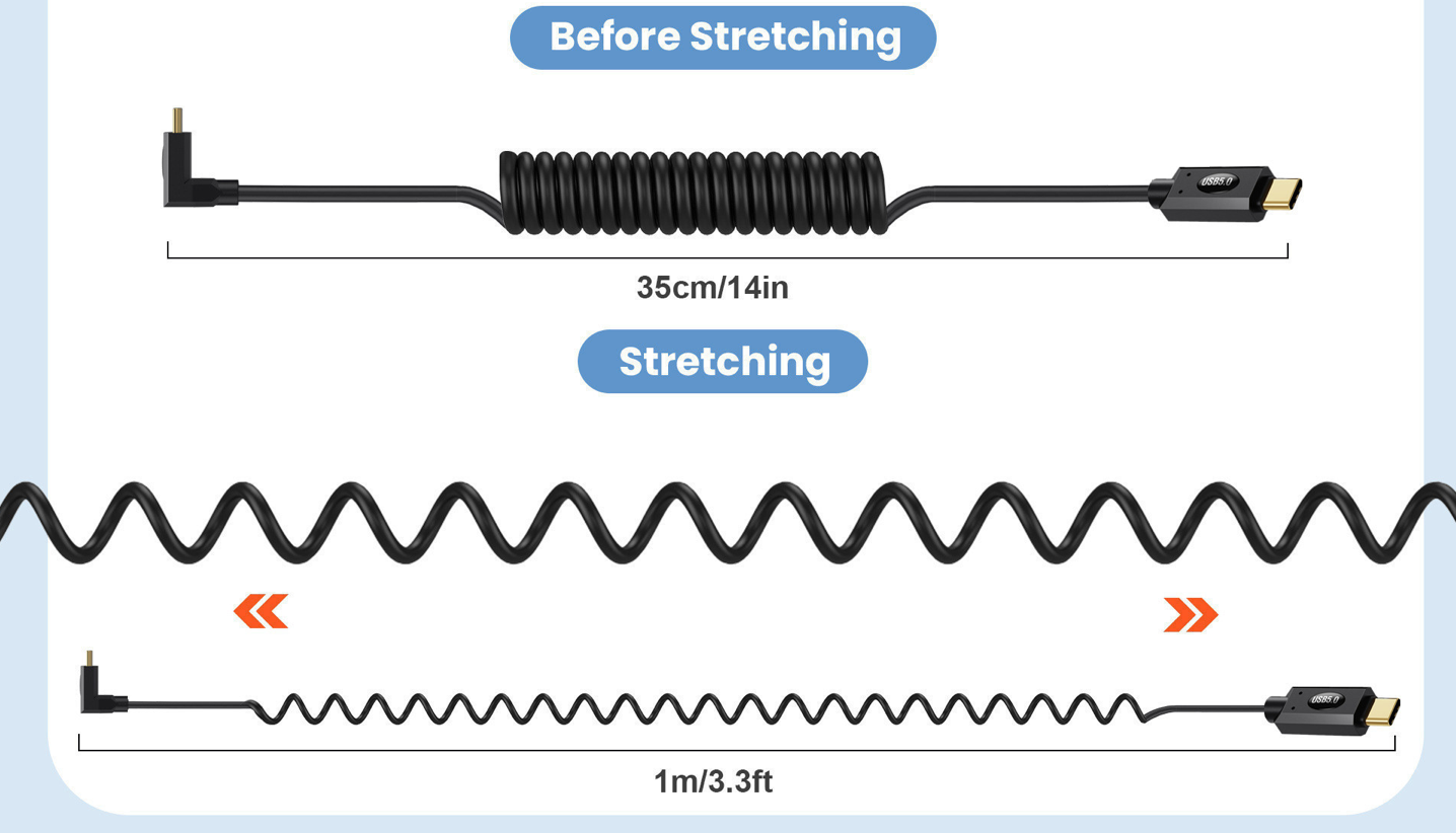 Illustration showing a cable before and after stretching with measurements.