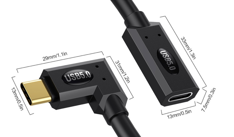 Black USB cable with connectors and measurements on a white background
