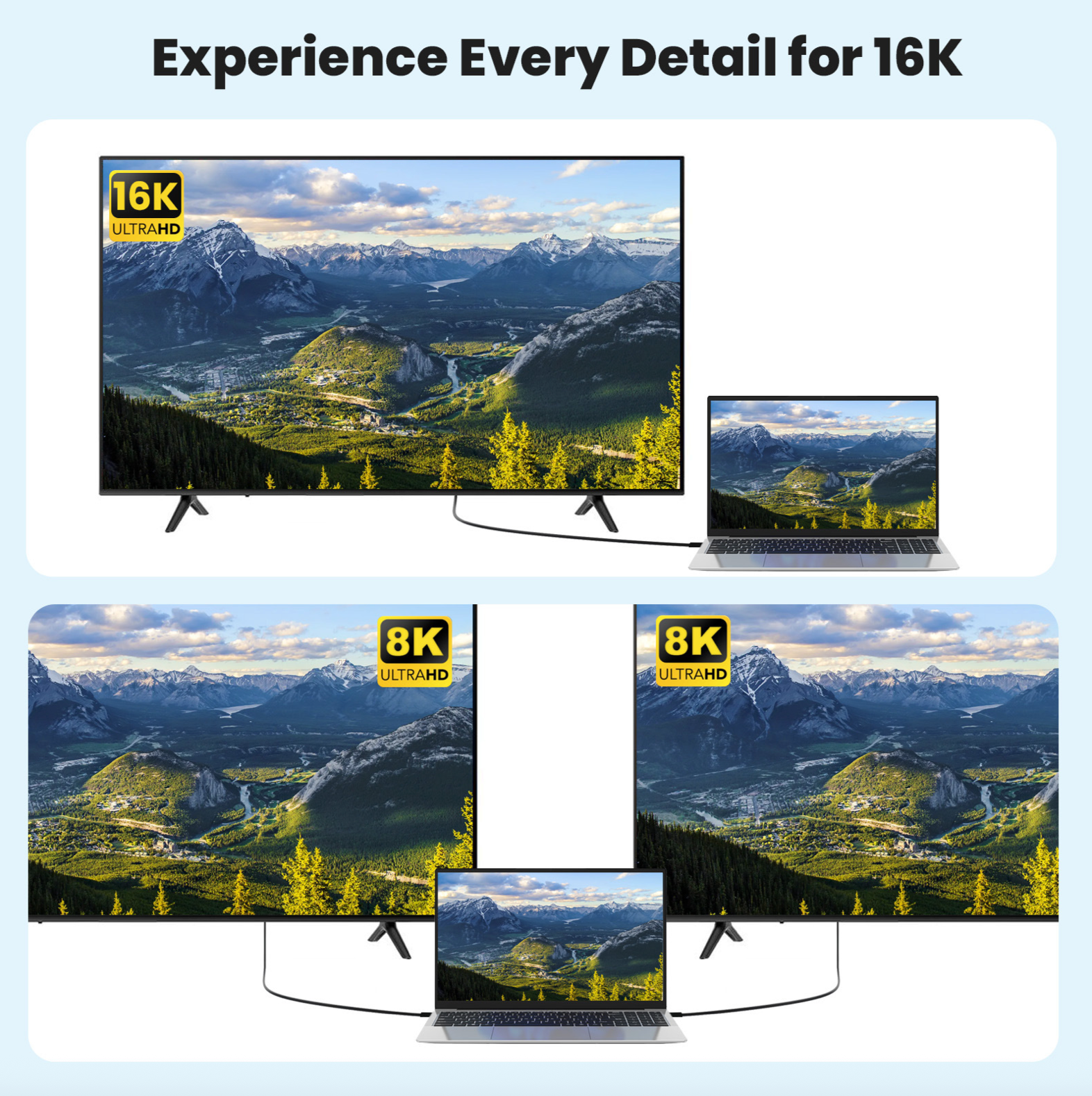 Comparison of 16K and 8K Ultra HD displays showing mountain landscape on screens.