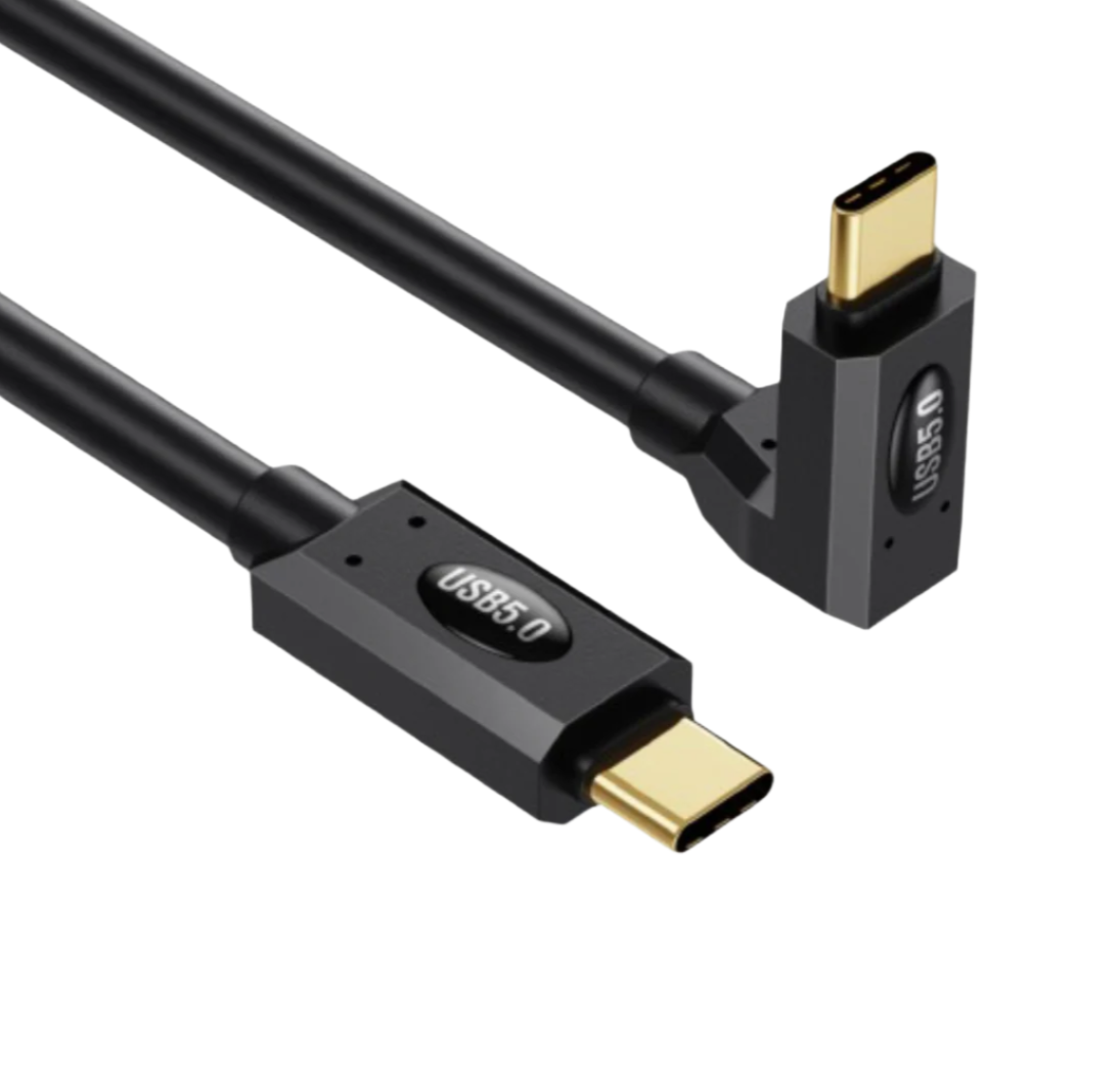 Black USB-C cable with gold connectors on a white background