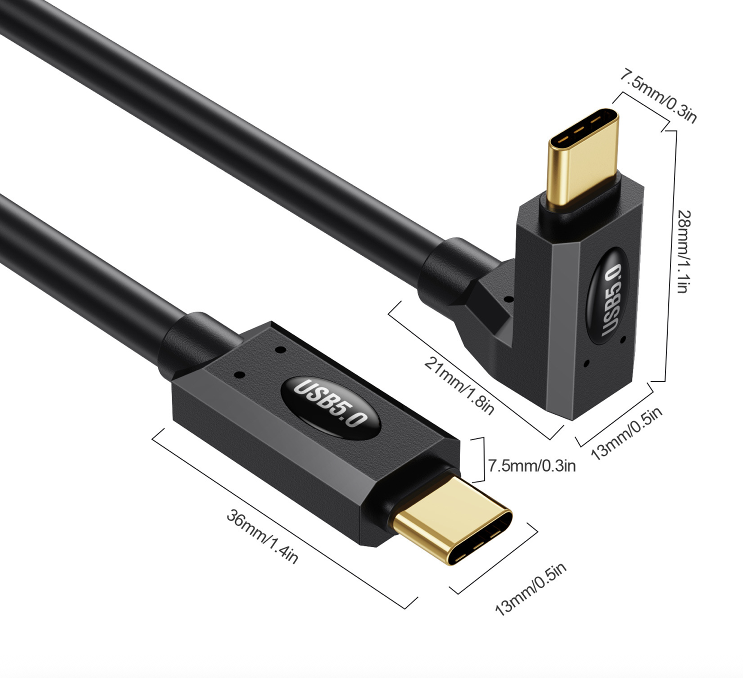 Measurement details of a USB-C cable with connectors on a white background