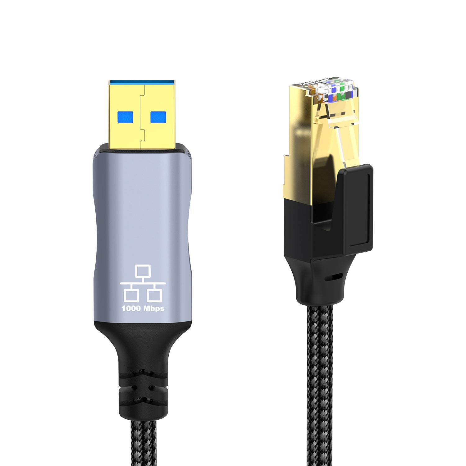 USB A to RJ45 Gigabit Ethernet cable with USB 3.0 male and LAN network connector