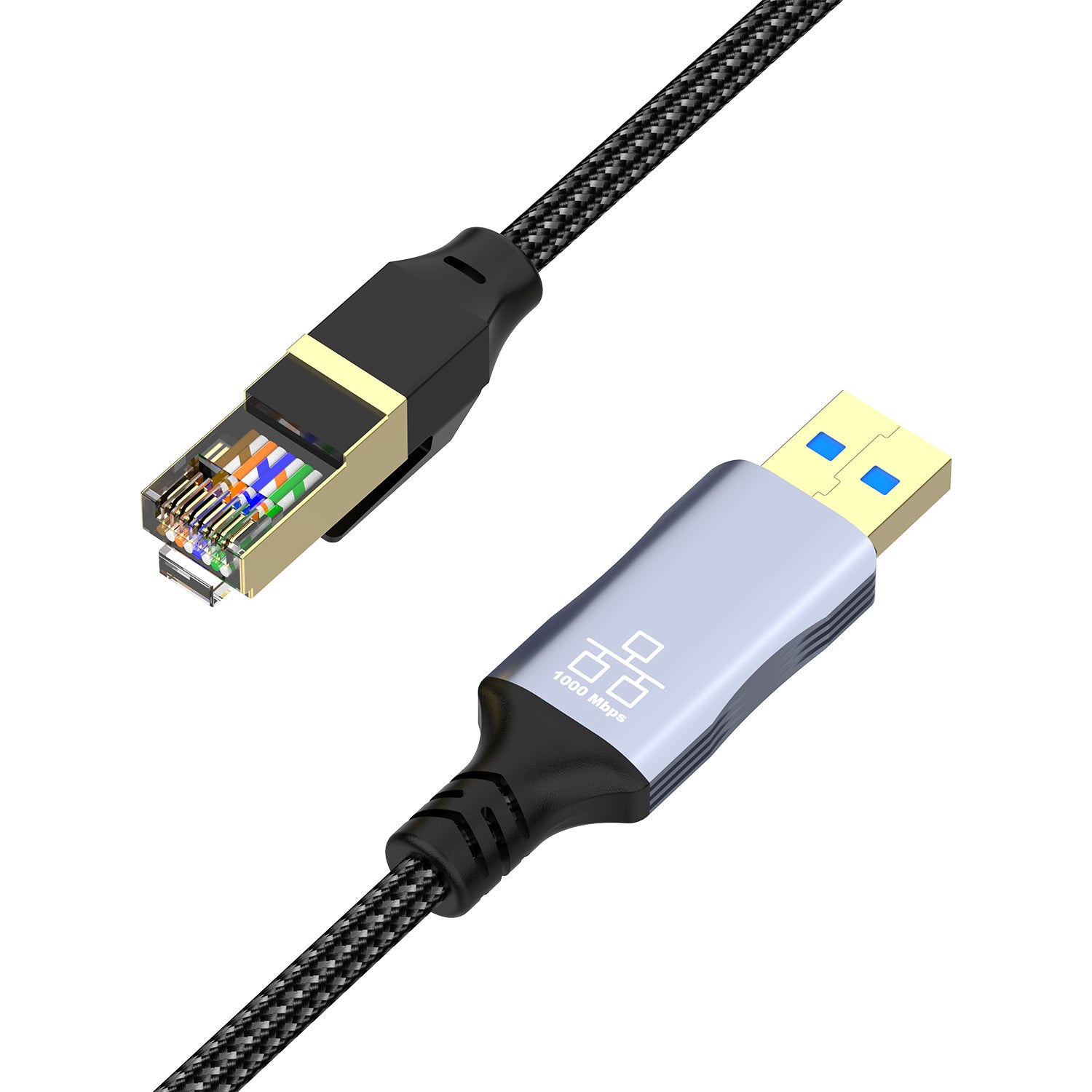USB A to RJ45 Gigabit Ethernet cable with USB 3.0 male and LAN network connector