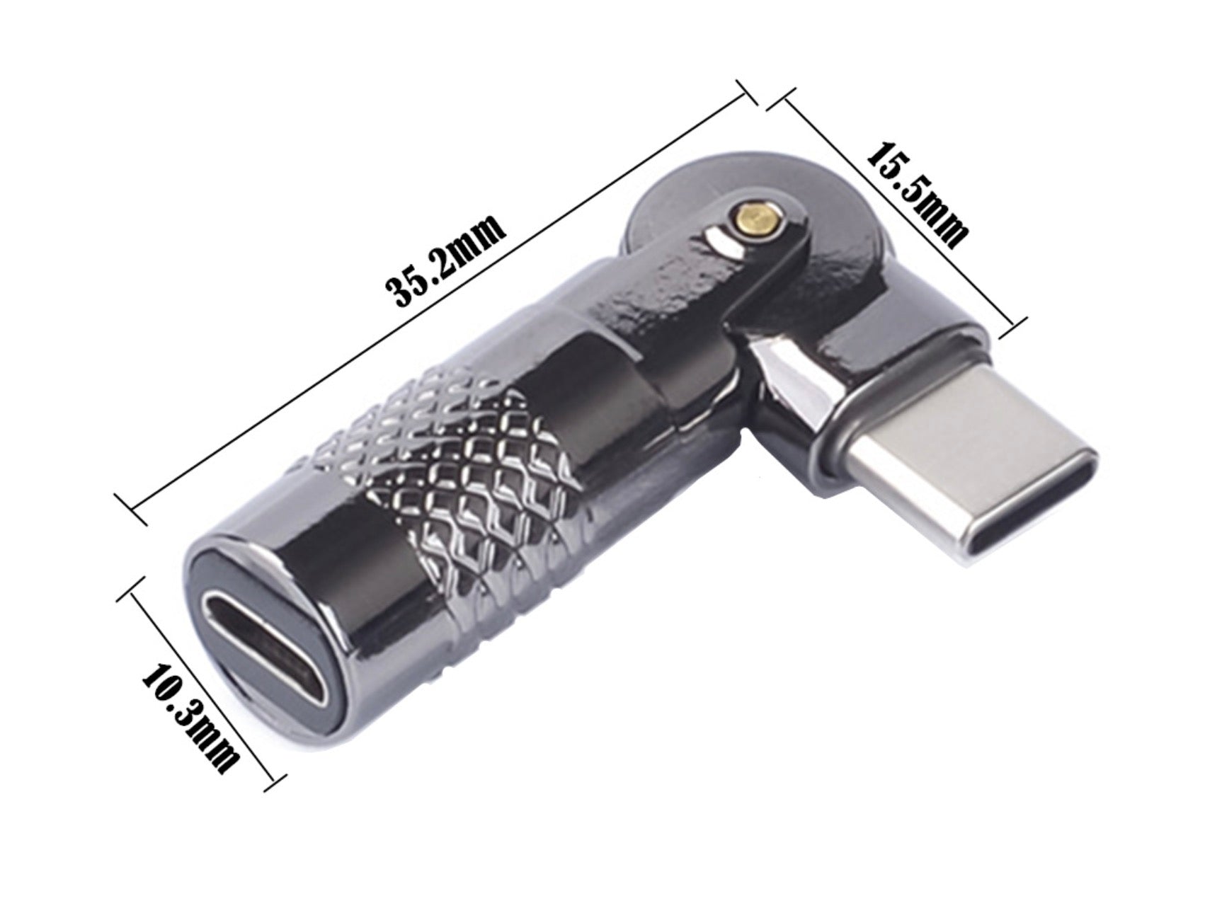 Metal adapter with USB-C and headphone jack connectors, shown with dimensions on a white background.
