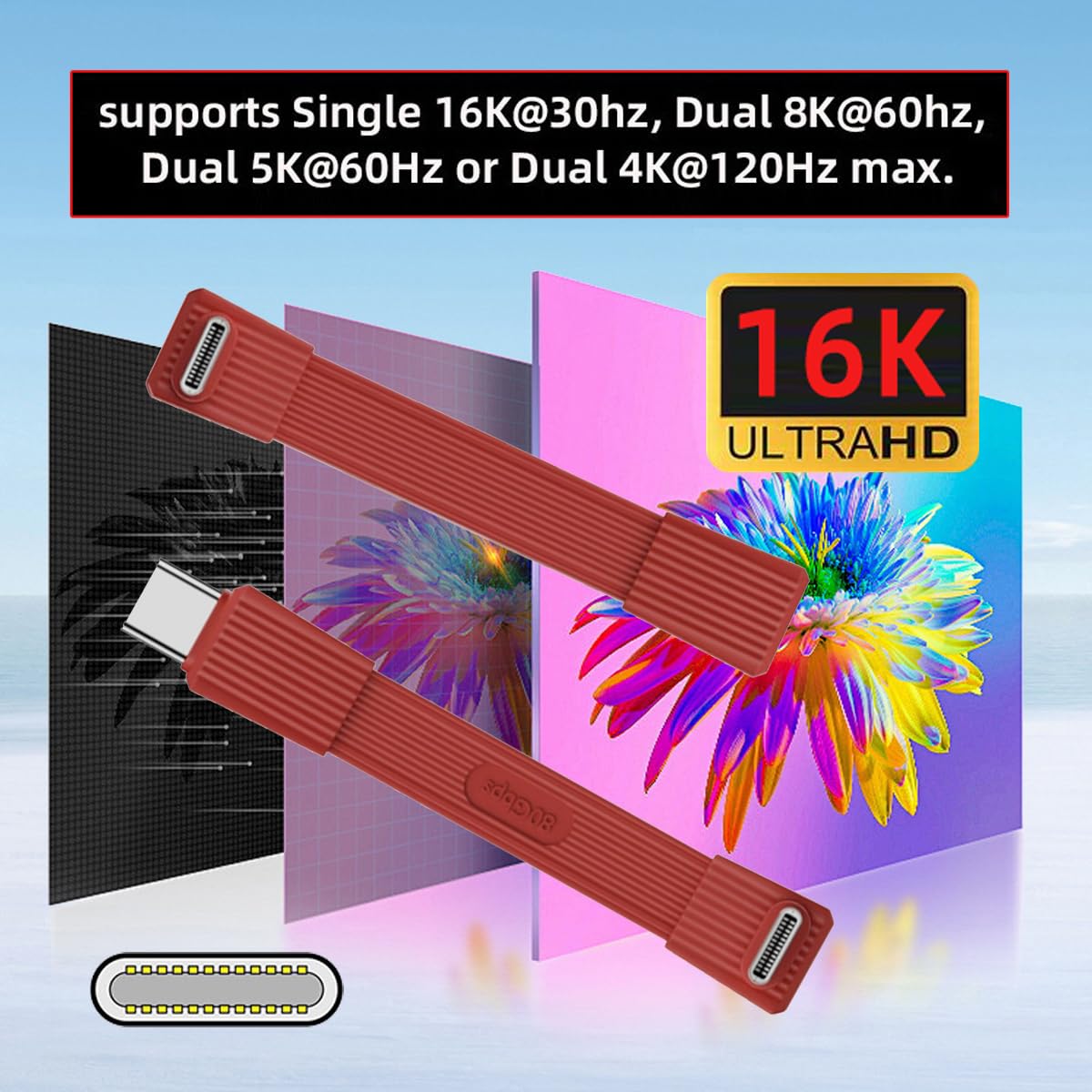 Red USB-C cable with 16K UltraHD display and specifications on a colorful background