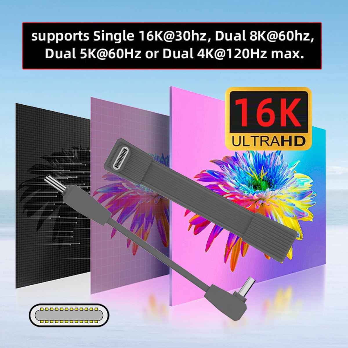 Electronic device with cable and display of 16K Ultra HD resolution on a blue background