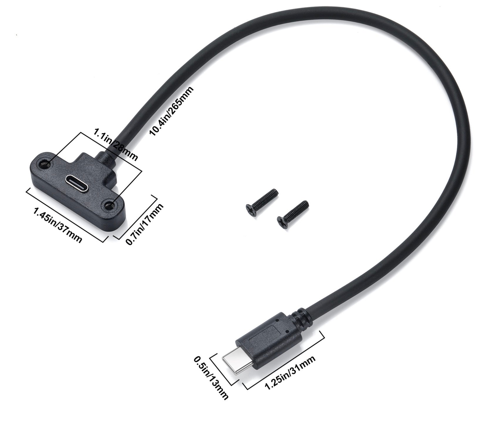 Angled USB Type C female port with panel mount
