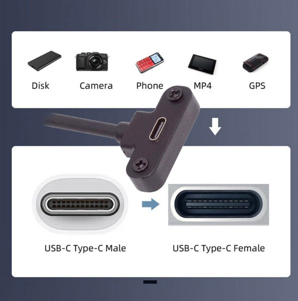 USB C male to angled female panel mount extension cable