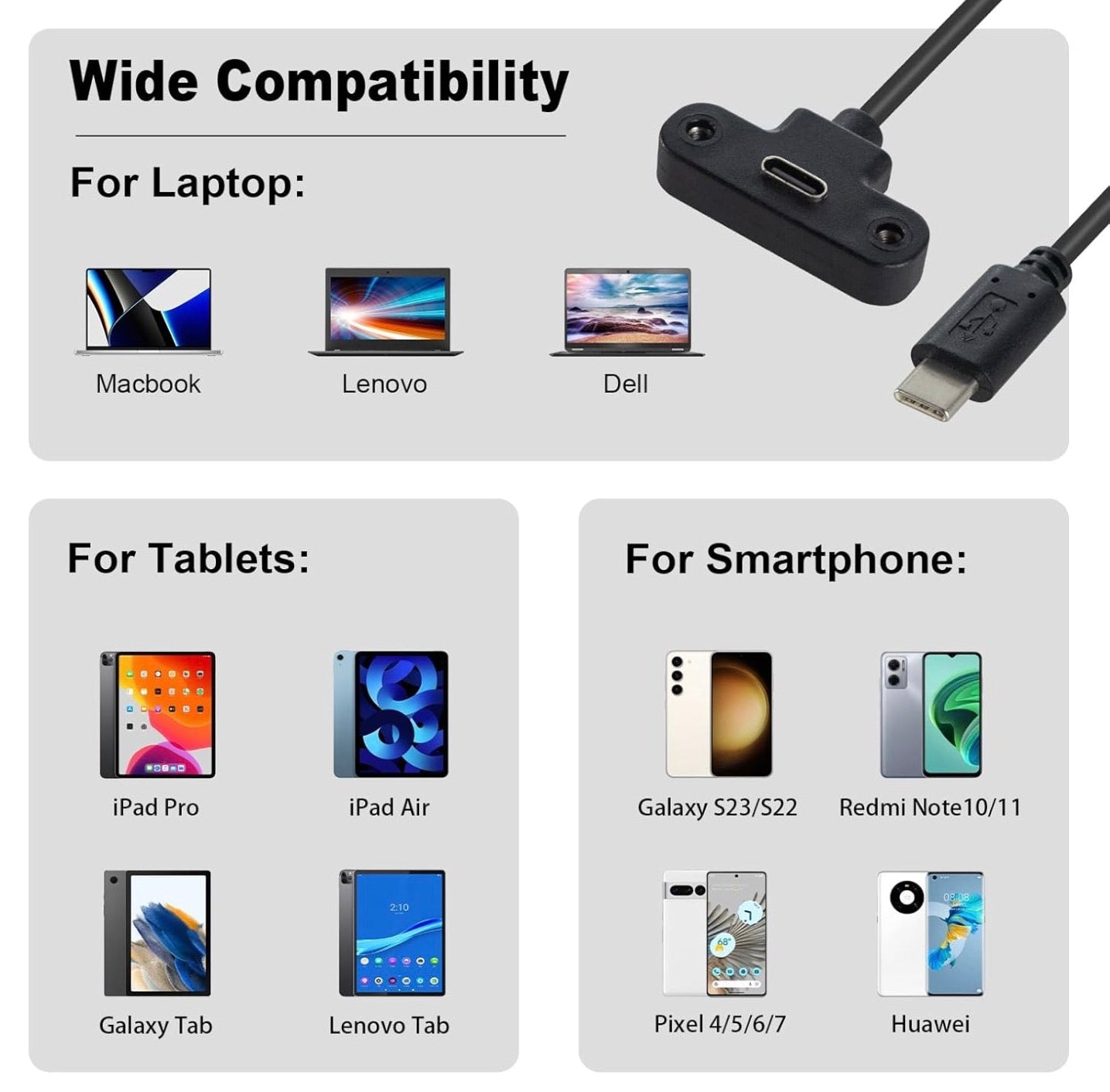 Compatibility chart for a USB-C adapter with laptop, tablet, and smartphone compatibility icons.