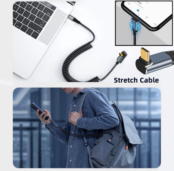 Coiled USB C PD 100W data cable extending 50cm to 1.8m