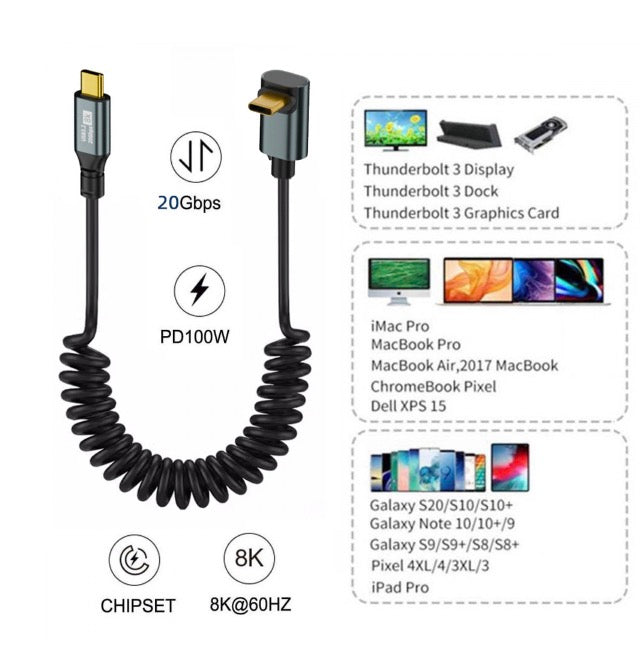 USB 3.2 USB C spiral fast charging cable up down angle