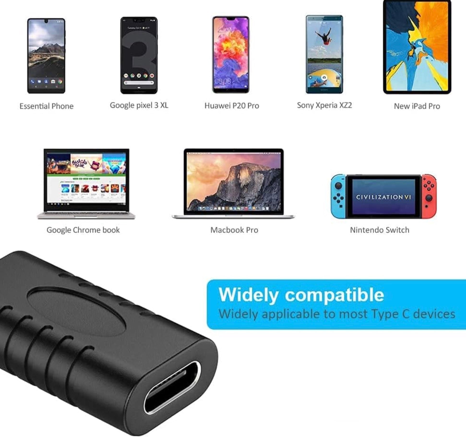 Black Type-C adapter compatible with various devices including smartphones, laptops, and gaming consoles.
