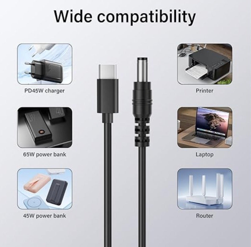 USB C female to DC 5.5 x 2.1mm 5521 power charging cord for CCTV and router