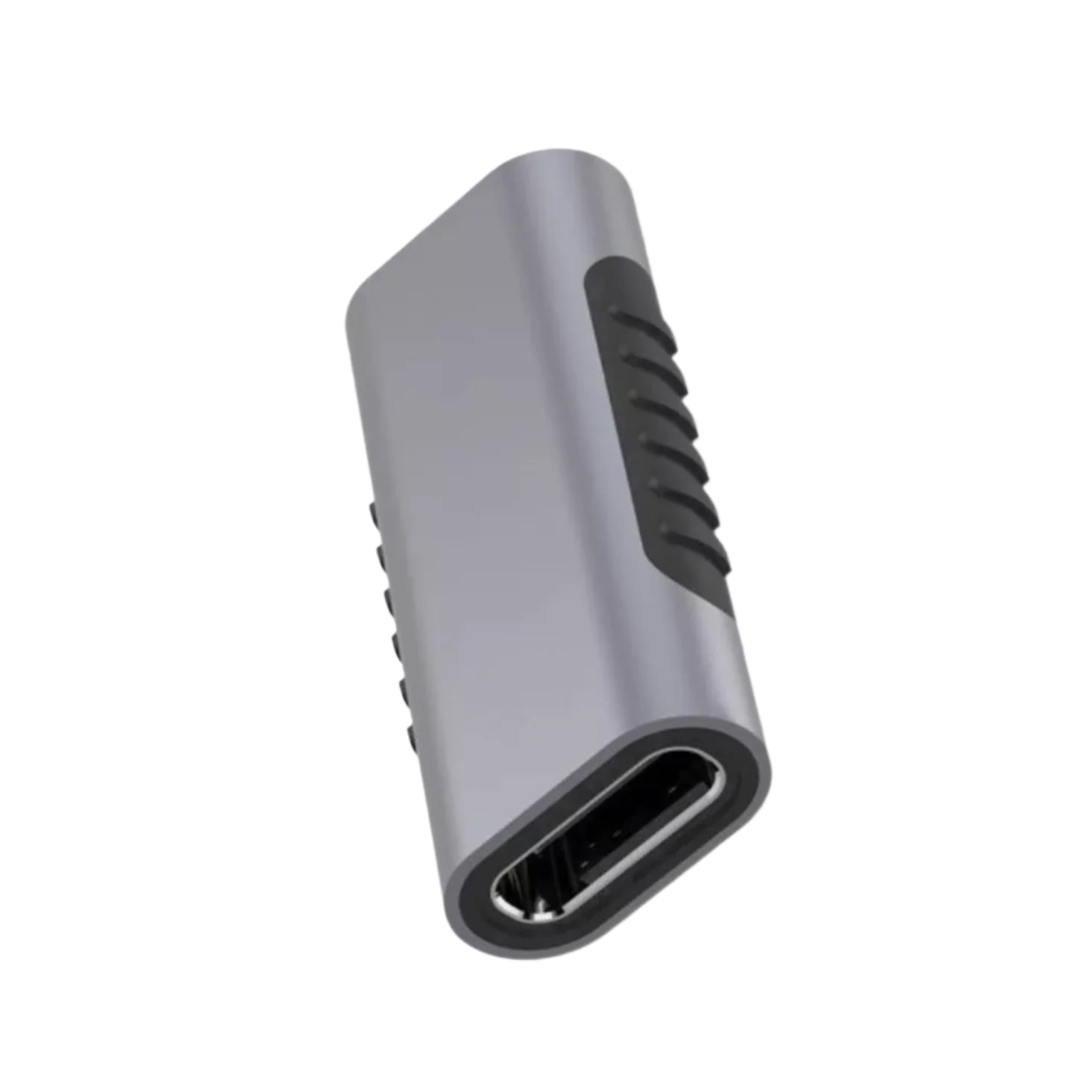 Gray and black USB-C adapter on a white background