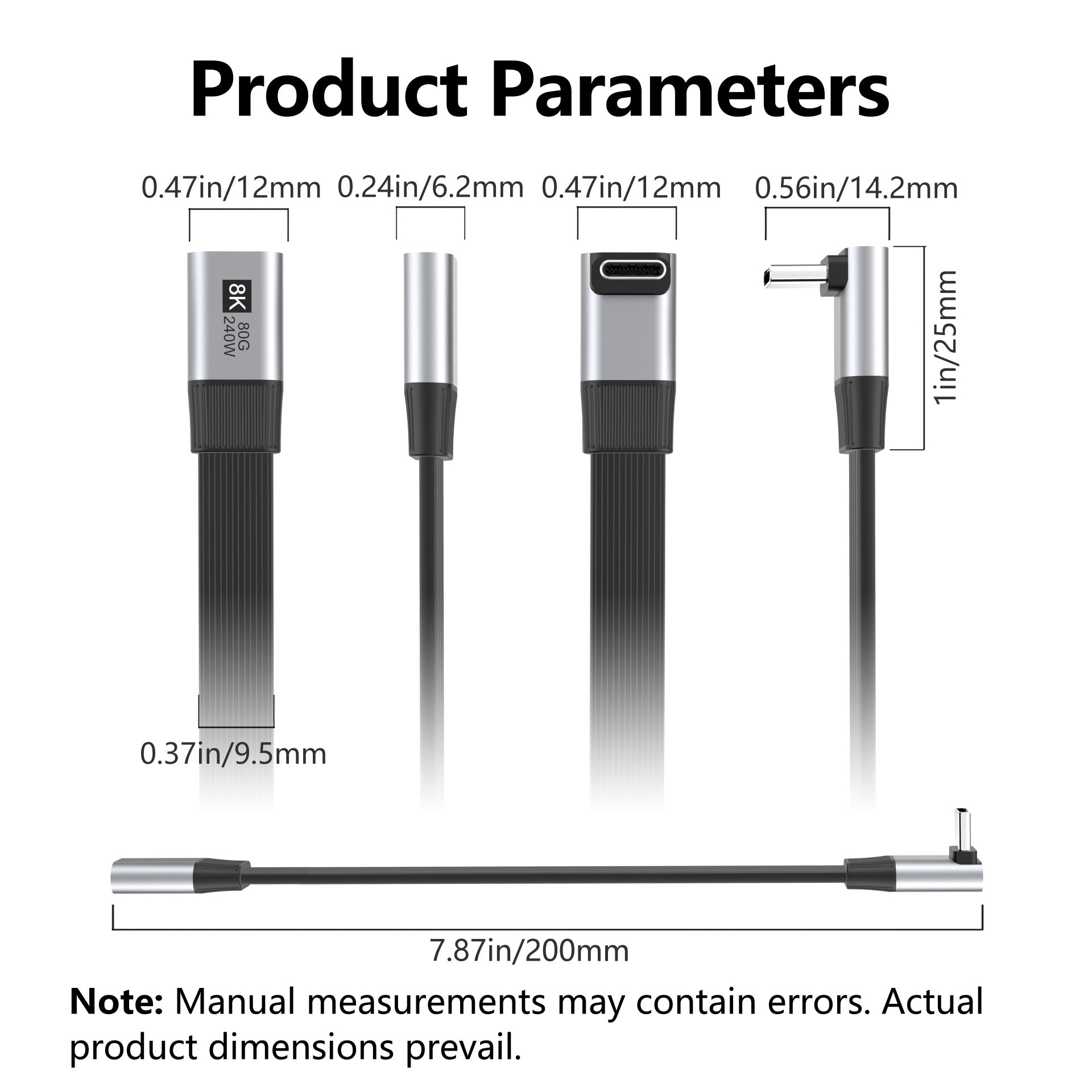 Product dimensions of a cable with various connectors and measurements.