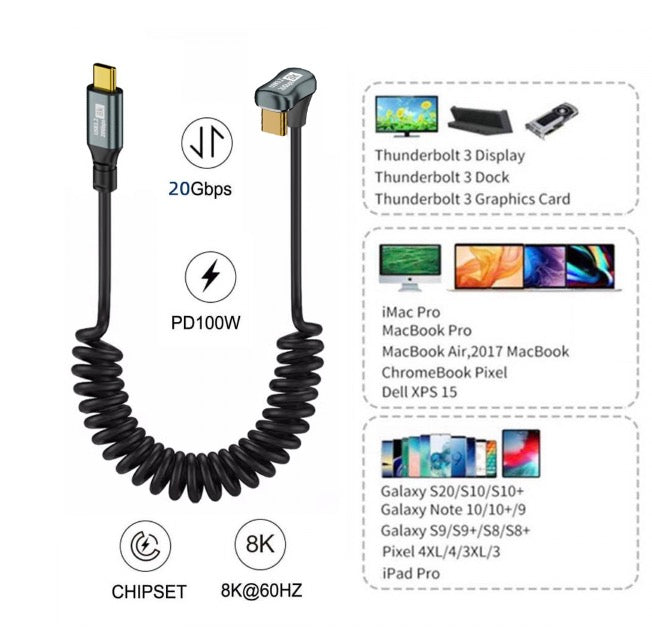 USB C to USB C U shaped coiled cable 100W