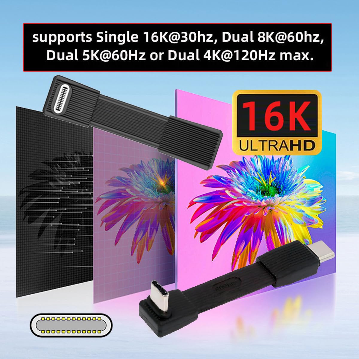 Electronic device with colorful display and text about display specifications on a blue background