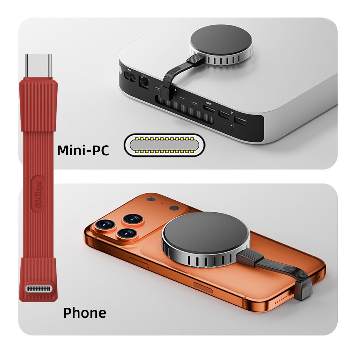 Two devices: a mini-PC and a phone with a dock, on a white background.