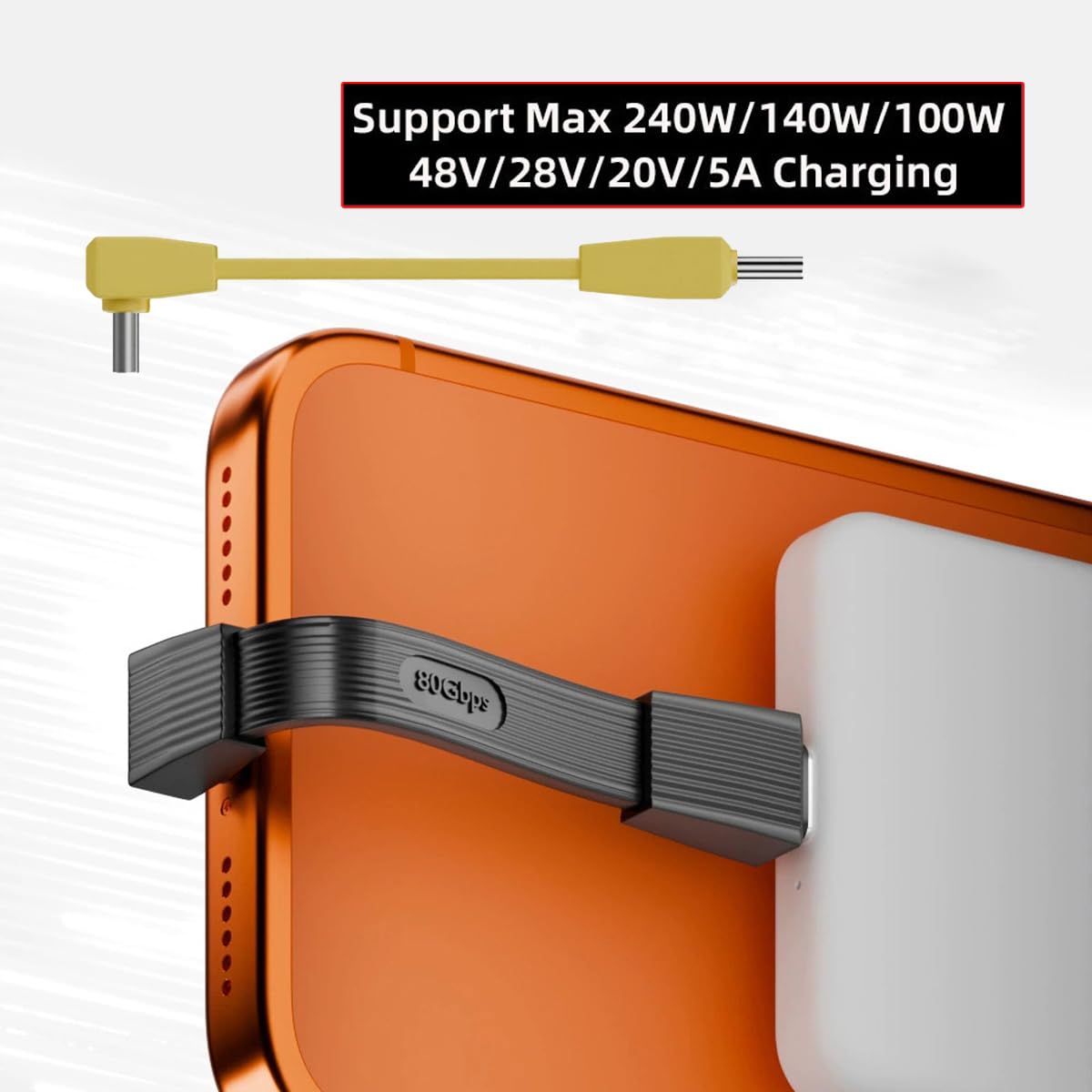 Orange electronic device with a black charging clip and tool, featuring text about charging capabilities.