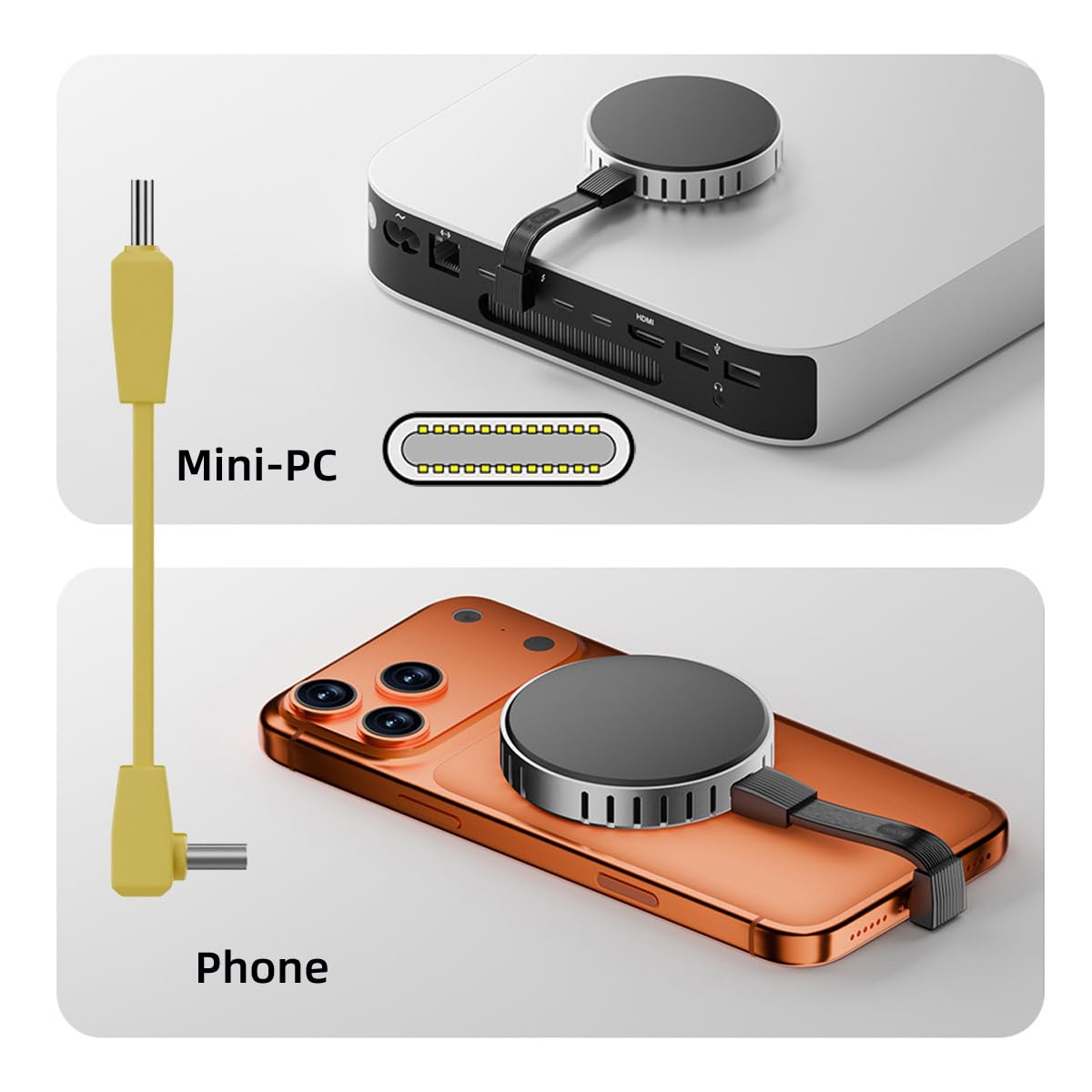 Mini-PC and phone with a cable connecting them on a white background