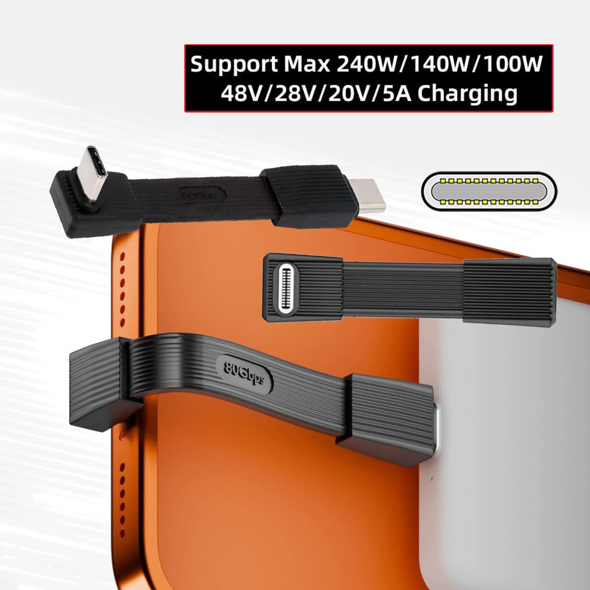 Gadgets attached to a wooden surface with charging specifications displayed.