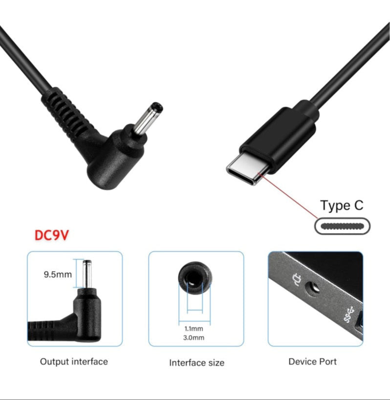 USB C to DC 3.0 x 1.1mm DC3011 notebook power cable with right-angle barrel plug