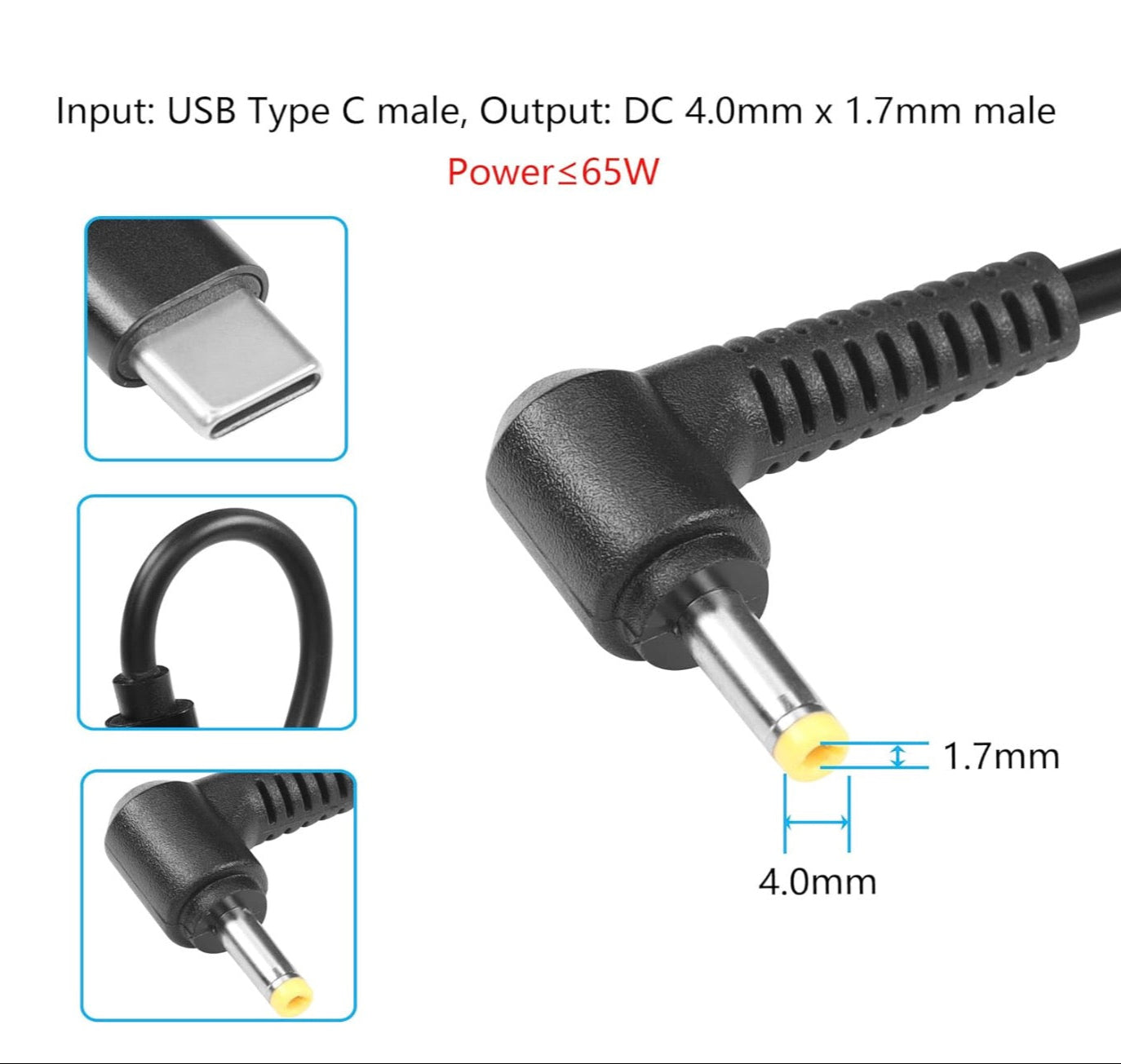 USB C to DC 4.0 x 1.7mm DC4017 power charging cable with right-angle DC barrel plug for router camera TV box