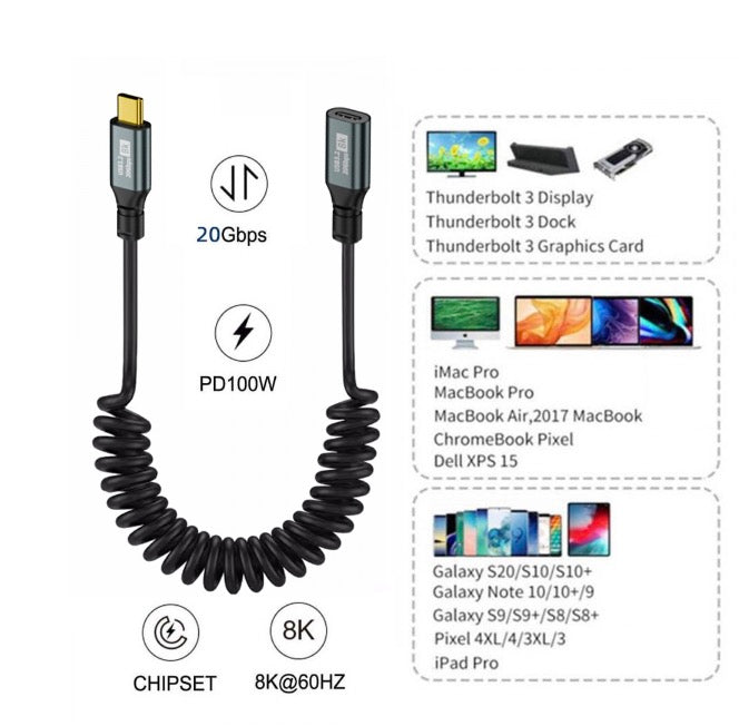 USB C male to USB C female coiled extension cable 100W