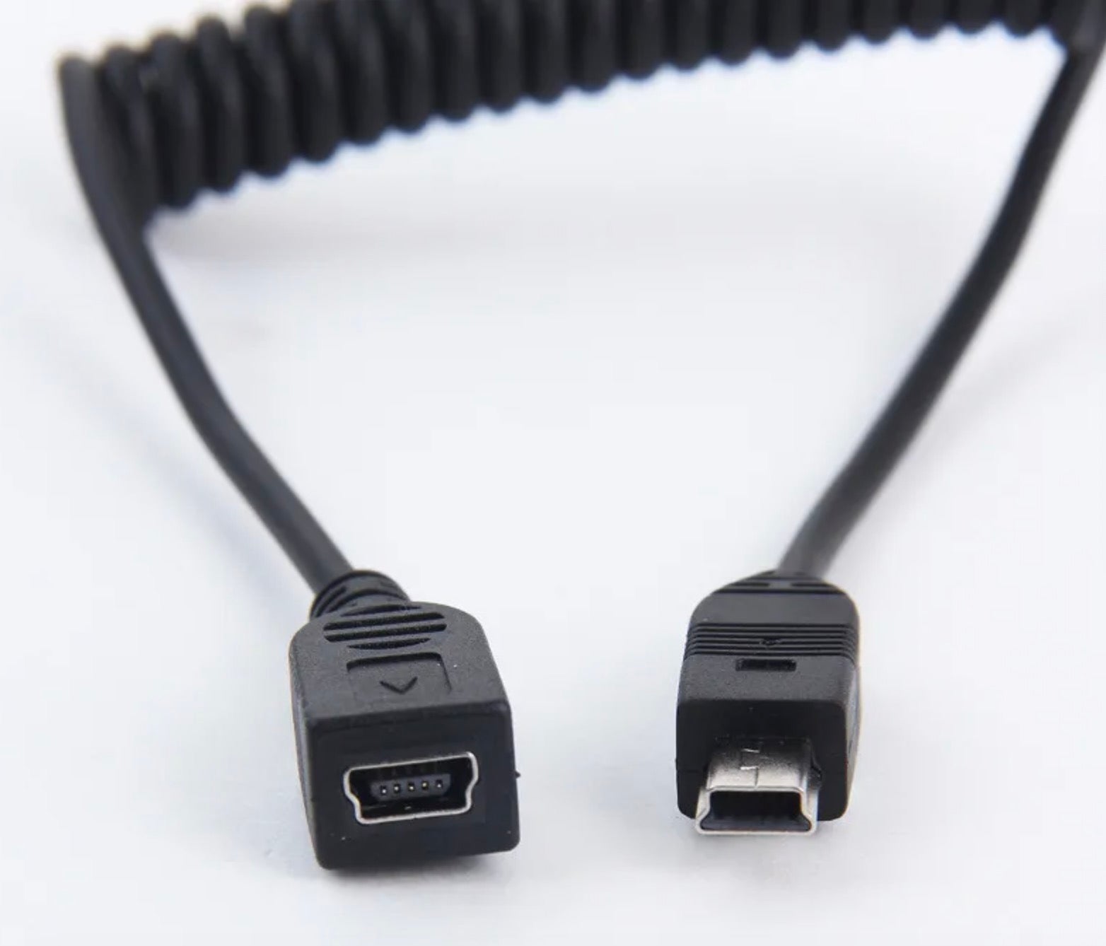 USB Mini B male to female spiral cable close up