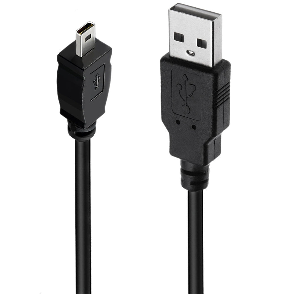 A black USB cable with a USB-A connector on one end and an 8-pin mini B connector on the other, compatible with Nikon cameras.