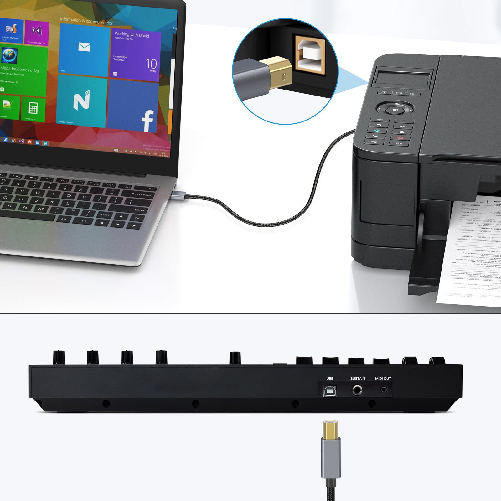 USB Printer Cable, USB 2.0 Type A Male to Type B Male Scanner Cable