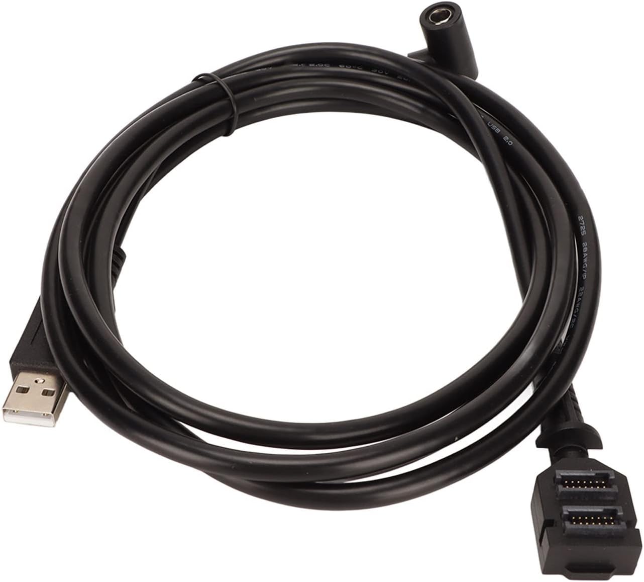 A black USB scanner cable with a dual 14Pin IDC DC5521 Female Power Supply to USB 2.0 AM Connector on one end and a USB-A male connector on the other end.