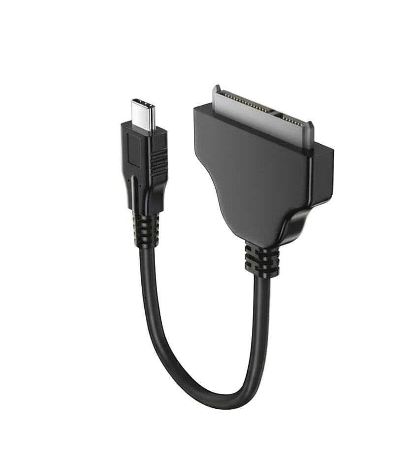 Black adapter cable with two connectors on a beige background