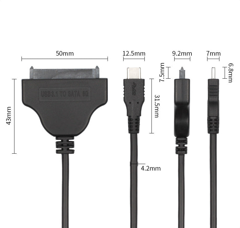 Measurement chart of a USB cable with various dimensions labeled.