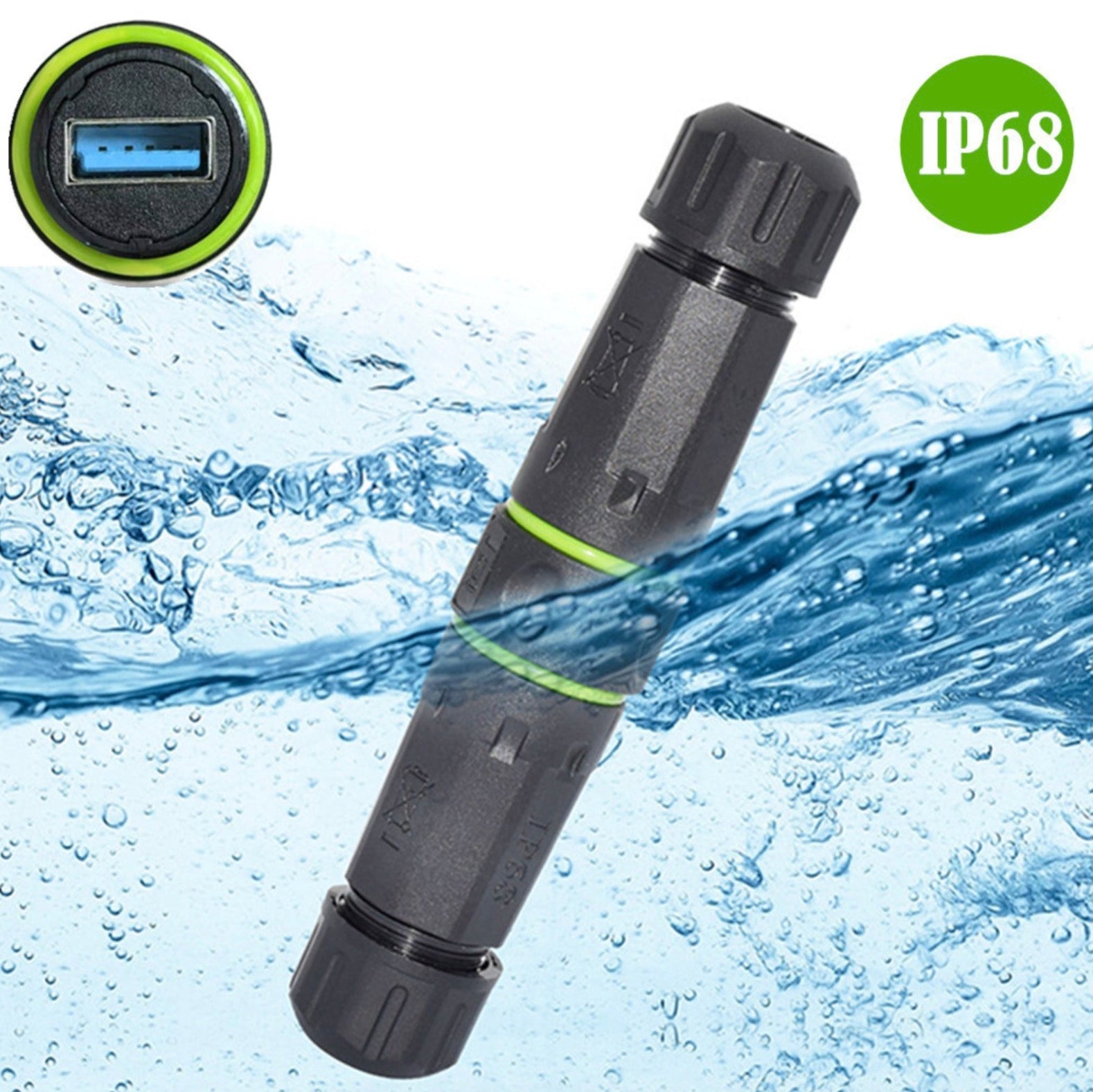 Waterproof USB charging cable with IP68 rating and USB charging port.