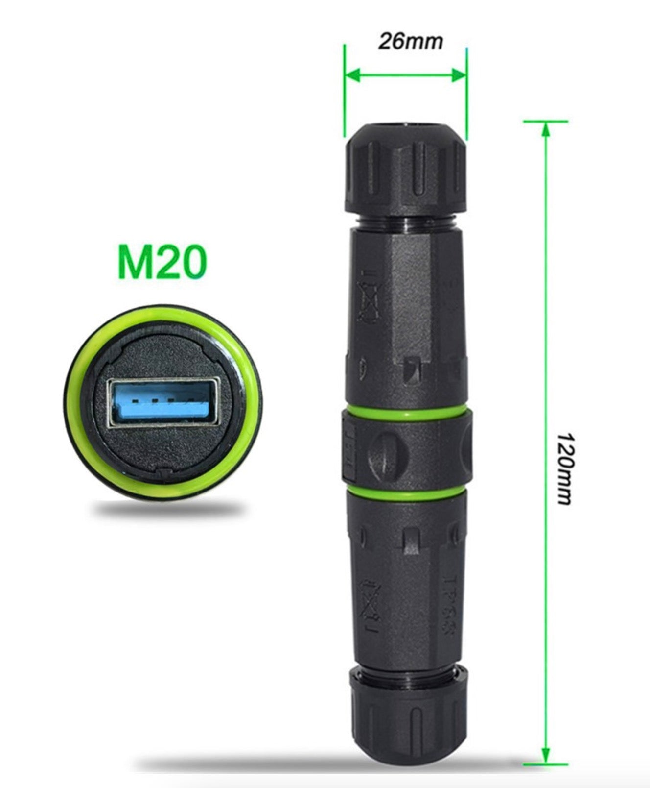 Black and green cylindrical component with USB port and measurements.