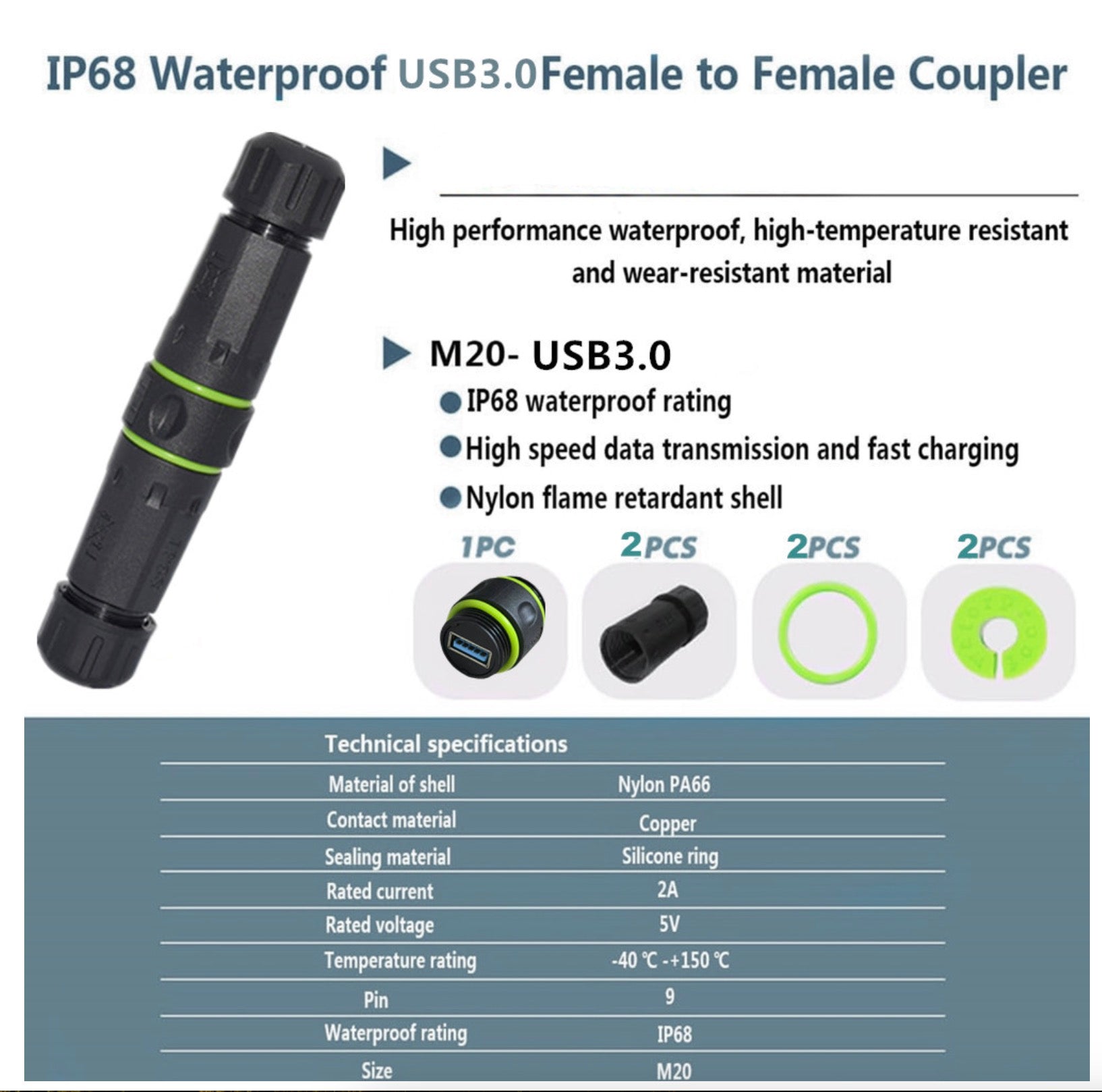 IP68 waterproof USB3.0 female to female coupler with specifications.