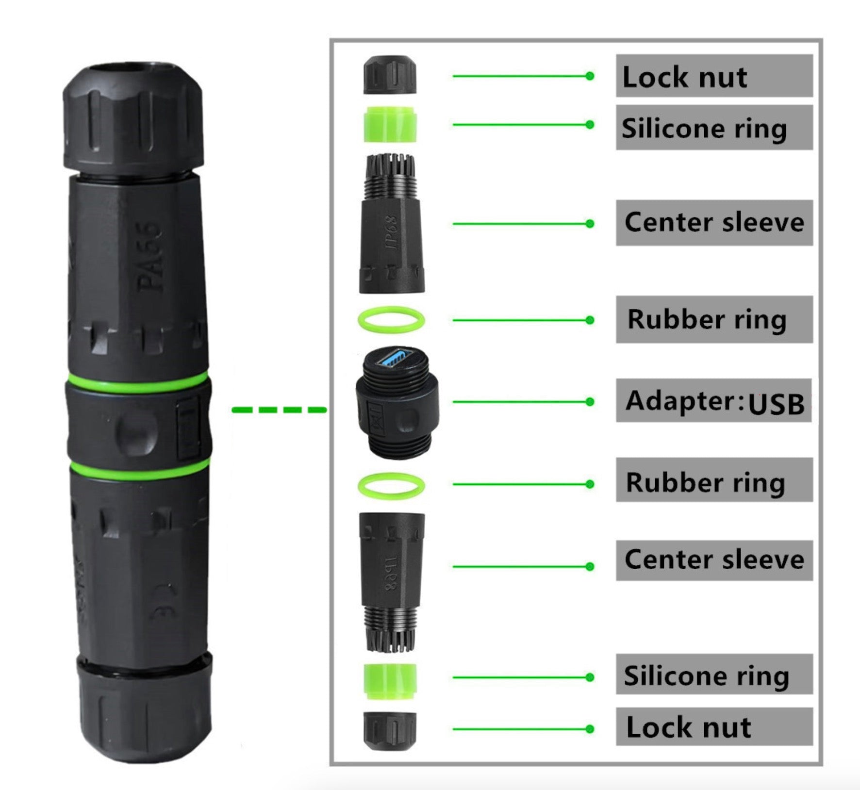 Black connector with labeled parts on a white background
