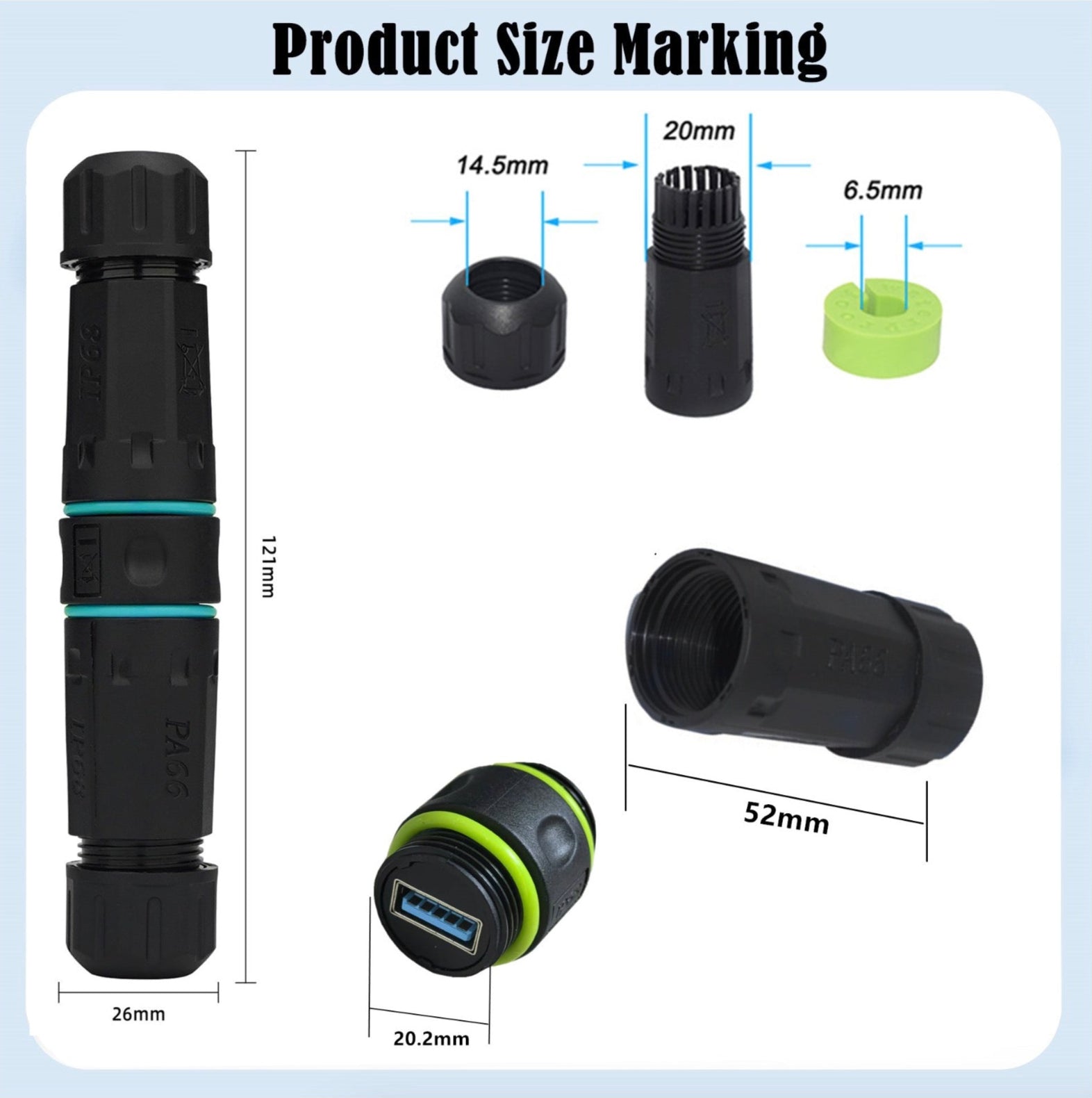 Detailed measurements and components of a black cylindrical product with size markings.